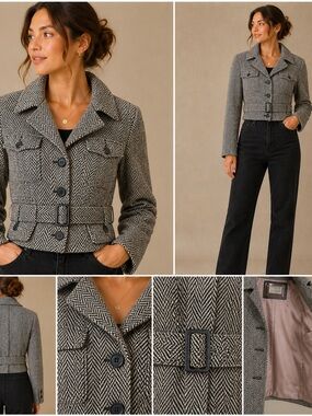 FoxRun Vintage Wool Tweed Chevron Belted Jacket Beige Black Size Medium